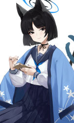 Rule 34 | 1girl, absurdres, animal ears, black choker, black eyes, black hair, black nails, blue archive, blue halo, blue neckerchief, blue sailor collar, blue skirt, book, cat ears, choker, closed mouth, commentary, eyeshadow, halo, highres, holding, holding book, kikyou (blue archive), kimono on shoulders, long sleeves, looking at viewer, makeup, multiple tails, neckerchief, ni de pengyou, pleated skirt, red eyeshadow, sailor collar, school uniform, serafuku, shirt, short hair, simple background, skirt, smile, solo, tail, twintails, upper body, white background, white shirt