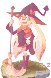 Rule 34 | 1girl, broom, fangs, green eyes, halloween, halloween costume, hand on own hip, hat, highres, inkling player character, nintendo, pointy ears, pumpkin, sally (luna-arts), splatoon (series), tentacle hair, witch, witch hat