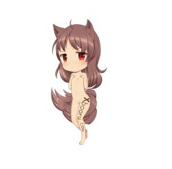 Rule 34 | 1girl, absurdres, blush, brown hair, chibi, covering privates, covering breasts, full body, hand bra, highres, mascot, navel, red eyes, solo, xbooru