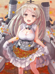 Rule 34 | 1girl, armpit cutout, autumn leaves, blush, breasts, brown eyes, cannon, cleavage, cleavage cutout, clothing cutout, conte di cavour (kancolle), conte di cavour nuovo (kancolle), corset, dress, em s, eyebrows, frilled dress, frills, gloves, highres, kantai collection, large breasts, layered dress, long hair, looking at viewer, machinery, open mouth, outdoors, silver hair, skirt hold, smile, smokestack, solo, turret, two-tone dress, two side up, white dress, white gloves