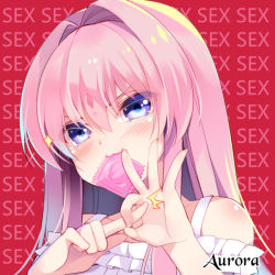 Rule 34 | &gt;:3, 1girl, :3, aurora (mvv), blue eyes, blush, character name, condom, condom in mouth, long hair, looking at viewer, mouth hold, mvv, original, penetration gesture, pink hair, solo, v-shaped eyebrows