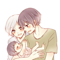 Rule 34 | 1boy, 2girls, :d, aged down, arms up, baby, bad id, bad pixiv id, black hair, blush, brown shirt, crying, family, father and daughter, holding, holding person, husband and wife, kirishima arata, kirishima hikari, kirishima touka, mother and daughter, multiple girls, open mouth, profile, shirt, short hair, simple background, smile, tears, tokyo ghoul, toukaairab, upper body, white background, white hair
