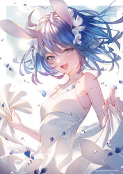 Rule 34 | 1girl, :d, ahoge, animal ears, artist name, bare shoulders, blue eyes, blue hair, blush, breasts, cowboy shot, dress, flower, gradient background, hair flower, hair ornament, highres, looking at viewer, open mouth, original, petals, rabbit ears, short hair, skirt hold, sleeveless, sleeveless dress, small breasts, smile, solo, wadanaka, water drop, white background, white dress, white flower
