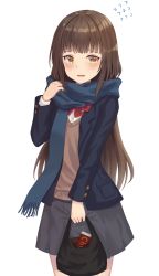 Rule 34 | 1girl, adjusting scarf, bad id, bad pixiv id, blouse, blue scarf, blunt bangs, bow, bowtie, brown eyes, brown hair, cowboy shot, embarrassed, enpera, flying sweatdrops, grey skirt, highres, long hair, long sleeves, looking at viewer, original, parted lips, pocket, red bow, red bowtie, scarf, school uniform, shands, shirt, simple background, skirt, solo, valentine, very long hair, wavy mouth, white background, white shirt