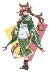 Rule 34 | 1girl, alternate costume, alternate hairstyle, animal ears, apron, blush, brown footwear, brown hair, closed mouth, commentary request, ear ornament, enmaided, flower, frilled apron, frilled kimono, frills, full body, green kimono, hair between eyes, hair flower, hair ornament, horse ears, horse girl, horse tail, japanese clothes, kimono, long hair, long sleeves, looking at viewer, maid, maid apron, mihasame, multicolored hair, ponytail, simple background, sirius symboli (umamusume), smile, solo, streaked hair, tail, umamusume, white background, white hair