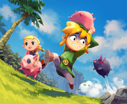 Rule 34 | aryll, belt buckle, blonde hair, buckle, day, fisheye, fleeing, full body, glowing, hat, link, niko geyer, nintendo, outdoors, palm tree, pig, pointy ears, riding, running, short twintails, the legend of zelda, the legend of zelda: the wind waker, toon link, tree, tunic, twintails