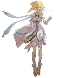 Rule 34 | 1girl, absurdres, bad id, bad twitter id, blonde hair, boots, closed mouth, detached sleeves, dress, expressionless, flower, full body, genshin impact, hair flower, hair ornament, highres, kurattes, looking down, looking to the side, lumine (genshin impact), sidelocks, solo, standing, symbol-only commentary, thigh boots, thighhighs, white background, white dress, white flower, white footwear, wind, yellow eyes