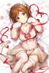 Rule 34 | 10s, 1girl, animal ears, animal hands, breasts, brown hair, cat ears, cat tail, cleavage, dress, from above, gloves, green eyes, highres, idolmaster, idolmaster cinderella girls, lying, maekawa miku, on back, paw gloves, paw pose, short hair, solo, tail, takeashiro, thighhighs, white dress, white thighhighs