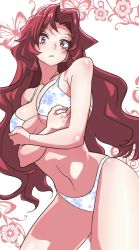 Rule 34 | 1girl, bad id, bad pixiv id, bikini, blush, breasts, covering privates, covering breasts, female focus, gaihan umeboshi mitchell, large breasts, long hair, looking at viewer, original, parted lips, red eyes, red hair, simple background, solo, standing, swimsuit