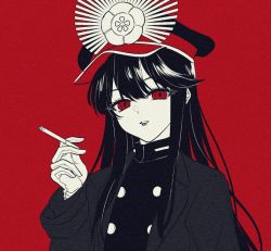 Rule 34 | 1girl, bad id, bad pixiv id, black hair, black hat, black jacket, breasts, buttons, cigarette, crest, family crest, fate/grand order, fate (series), gloves, hat, jacket, kanon (ikamiso), koha-ace, long hair, long sleeves, looking at viewer, monochrome, oda nobunaga (fate), oda nobunaga (koha-ace), oda uri, parted lips, peaked cap, red background, red eyes, sidelocks, simple background, smoking, solo
