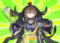 Rule 34 | 1girl, absurdres, alcohol, animal ears, arknights, black gloves, blue eyes, bottle, buchi0122, can, closed mouth, commentary, cow ears, cow girl, cow horns, crossed bangs, cup, drinking glass, expressionless, flower, flower on head, gloves, green background, grey sleeves, highres, holding, holding bottle, holding can, horns, layered shirt, light brown hair, long sleeves, looking at object, mixing, multicolored background, outstretched arms, pallas (arknights), pouring, puffy long sleeves, puffy sleeves, purple shirt, red bull, red flower, red rose, rose, shaded face, shirt, short hair with long locks, sidelocks, solo, straight-on, sunburst, sunburst background, upper body, yellow background