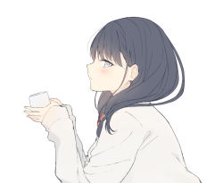 Rule 34 | 10s, 1girl, black hair, blue eyes, blush, cardigan, closed mouth, cup, from side, gridman universe, holding, holding cup, looking at viewer, profile, seki (l0410706268), simple background, solo, ssss.gridman, takarada rikka, white background