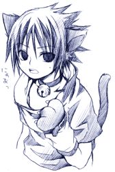 Rule 34 | 1boy, animal ears, bell, neck bell, cat, cat ears, cat tail, collar, kubyou azami, lowres, male focus, monochrome, naruto, naruto (series), open mouth, solo, tail, uchiha sasuke, white background