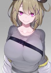 Rule 34 | 1girl, animal ear fluff, animal ears, arknights, breasts, brown hair, chest strap, collarbone, denken, fang, hair ornament, hairclip, highres, large breasts, looking at viewer, off shoulder, purple eyes, shirt, short hair, skin fang, smile, solo, strap, upper body, utage (arknights), x hair ornament