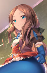 Rule 34 | 1girl, black bow, blue eyes, blue gloves, blue pantyhose, blush, bow, breasts, brown dress, brown hair, chen bin, closed mouth, dress, elbow gloves, fate/grand order, fate (series), forehead, gloves, hair bow, heart, heart-shaped pupils, highres, leonardo da vinci (fate), leonardo da vinci (fate/grand order), leonardo da vinci (rider) (fate), licking lips, long hair, looking at viewer, pantyhose, parted bangs, ponytail, puffy short sleeves, puffy sleeves, short sleeves, smile, solo, symbol-shaped pupils, tongue, tongue out