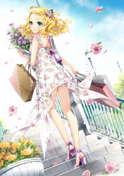 Rule 34 | 1girl, bad id, bad pixiv id, bag, blonde hair, blue eyes, blush, bouquet, cocoon (loveririn), dress, floral print, flower, hair ornament, high heels, highres, holding, kneepits, lamppost, looking back, open shoes, original, petals, pink flower, pink rose, plant, potted plant, purple footwear, rose, sandals, shoes, smile, solo, stairs, wind