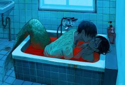 Rule 34 | 2boys, bathroom, bathtub, black eyes, black hair, blood, blood on clothes, blue eyes, bottle, closed mouth, drain (object), fingernails, hands on another&#039;s neck, highres, indoors, looking at another, male focus, merman, monster boy, multiple boys, original, parted lips, partially submerged, same-sex bathing, scales, shared bathing, shida 7, sink, slit pupils, tile floor, tile wall, tiles, wet, wet clothes, window