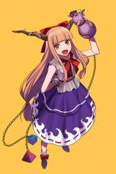 Rule 34 | 1girl, arm up, banned artist, belt, blue ribbon, blue skirt, blush, bow, breasts, brown background, brown belt, brown footwear, chain, commentary request, cup, eyelashes, fang, footwear bow, full body, gourd, hair bow, hand on own hip, happy, harano, holding, horn bow, horn ornament, horn ribbon, horns, ibuki suika, long hair, mary janes, oni, oni horns, open mouth, orange eyes, orange hair, red bow, red eyes, red neckwear, ribbon, ribbon-trimmed skirt, ribbon trim, shirt, shoes, simple background, skirt, sleeveless, sleeveless shirt, small breasts, smile, socks, solo, staff, standing, torn clothes, torn sleeves, touhou, white shirt, white socks, wrist cuffs, yellow background