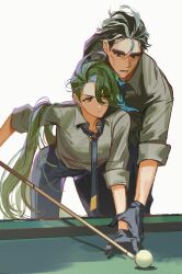 Rule 34 | 1boy, 1girl, ahoge, androgynous, ball, billiard ball, billiards, black gloves, black hair, black necktie, black pants, bright pupils, collared shirt, creatures (company), cue stick, earrings, game freak, gloves, green hair, grey eyes, grey hair, grey shirt, highres, holding cue stick, jewelry, larry (pokemon), long hair, long sleeves, multicolored hair, necktie, nintendo, pants, pokemon, pokemon sv, ponytail, pool table, red eyes, rika (pokemon), shirt, short hair, ssibalmas, streaked hair, suspenders, table, thick eyebrows, two-tone hair, very long hair, white pupils