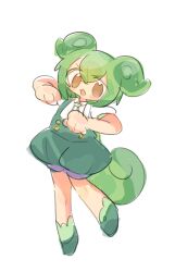 Rule 34 | 1girl, blush, brown eyes, clenched hands, full body, green footwear, green hair, green shorts, hands up, high-waist shorts, highres, long hair, looking at viewer, low ponytail, nurui (3nqyo), open mouth, puffy short sleeves, puffy shorts, puffy sleeves, shirt, short sleeves, shorts, simple background, smile, solo, suspender shorts, suspenders, v-shaped eyebrows, very long hair, voicevox, white background, white shirt, zundamon