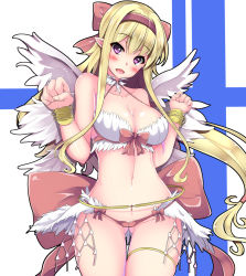 Rule 34 | 1girl, asymmetrical hair, bare shoulders, bikini, blonde hair, blush, bow, bow bikini, bracelet, breasts, cleavage, clenched hands, collarbone, cowboy shot, feathered wings, fingernails, gluteal fold, hair between eyes, hair bow, hair ornament, hair tie, hairband, halterneck, hands up, head tilt, highres, jewelry, large breasts, long hair, looking at viewer, low-tied long hair, multiple wings, navel, open mouth, pointy ears, ragnarok online, red bikini, red bow, red hairband, senra banshou, seraph, sidelocks, smile, solo, swimsuit, thigh strap, tongue, very long hair, wanderer (ragnarok online), white wings, wings
