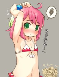Rule 34 | &gt; &lt;, 1girl, adjusting hair, ahoge, armpits, arms up, belt, bikini, blush, chocobo, collarbone, closed eyes, final fantasy, final fantasy fables, flat chest, green eyes, grey background, hair ornament, looking at viewer, midriff, mizuno mumomo, navel, pink hair, pom pom (clothes), ribs, shirma, snorkel, solo focus, spoken squiggle, squiggle, stomach, sweatdrop, swimsuit, translated, tying hair, upper body