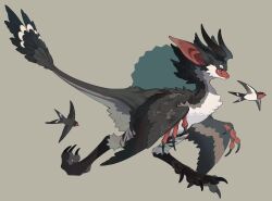 Rule 34 | animal focus, bird, bird wings, black horns, bul (moiko), claws, feathered wings, from side, full body, grey background, highres, horns, looking ahead, no humans, original, pink eyes, raptor, simple background, smile, solo, swallow (bird), tail, walking, wings