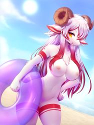 Rule 34 | 1girl, :d, abi (f-noodles), animal ears, beach, blush, body fur, breasts, cloud, collarbone, commentary, contrapposto, cowboy shot, crunchobar, english commentary, furry, furry female, hair between eyes, hand on own hip, highres, holding, holding swim ring, horizontal pupils, horns, innertube, large breasts, long hair, looking at viewer, navel, nipples, nude, open mouth, original, purple innertube, pussy, red fur, red hair, sheep, sheep ears, sheep girl, sheep horns, sheep tail, sky, smile, snout, solo, standing, summer, sun, swim ring, tail, teeth, white fur, white hair, yellow eyes