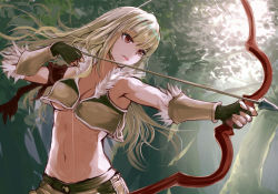 Rule 34 | 1girl, arrow (projectile), blonde hair, blouse, bow (weapon), breasts, brown gloves, brown shirt, cecil damon, cleavage, closed mouth, commentary request, crop top, day, drawing bow, fingerless gloves, forest, fur-trimmed shirt, fur trim, gloves, holding, holding bow (weapon), holding weapon, long hair, looking to the side, medium breasts, midriff, nature, navel, outdoors, ragnarok online, red eyes, sail (sail-away), shirt, shorts, sniper (ragnarok online), solo, tree, two-tone gloves, two-tone shirt, underboob, upper body, weapon, yellow gloves, yellow shirt, yellow shorts