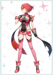 Rule 34 | 1girl, absurdres, black gloves, breasts, chest jewel, earrings, fingerless gloves, gem, gloves, green322, highres, jewelry, large breasts, pyra (xenoblade), red eyes, red hair, red shorts, red thighhighs, revision, short hair, short shorts, shorts, skindentation, solo, swept bangs, thighhighs, tiara, xenoblade chronicles (series), xenoblade chronicles 2