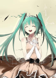 Rule 34 | 10s, 1girl, 2013, aqua hair, artist name, baijiin poison, character name, digital dissolve, dissolving, dress, elbow gloves, closed eyes, gloves, hatsune miku, highres, long hair, open mouth, own hands clasped, own hands together, smile, solo, tiara, twintails, vocaloid, watermark, web address