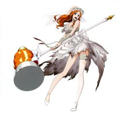 Rule 34 | 1girl, bandages, bleach, bleach: brave souls, blue eyes, breasts, cleavage, dress, full body, halloween costume, highres, inoue orihime, kubo tite, large breasts, long hair, mallet, navel, official art, orange hair, pumpkin, simple background, smile, solo, weapon, wedding dress