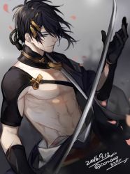 Rule 34 | 10s, 1boy, black hair, blue eyes, comaco, hair ornament, igote, japanese clothes, katana, male focus, mikazuki munechika, parted lips, personification, petals, smile, solo, sword, touken ranbu, traditional clothes, upper body, weapon