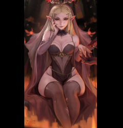 Rule 34 | 1girl, alternate costume, artist name, bare shoulders, black leotard, black thighhighs, blonde hair, blue eyes, braid, breasts, bridal gauntlets, bridal veil, cleavage, closed mouth, commentary, covered navel, crown braid, dark persona, detached collar, english commentary, fairy, forehead, hair ornament, hairclip, hand on own cheek, hand on own face, highres, indoors, jewelry, kittew, leotard, lips, long hair, looking at viewer, medium breasts, nintendo, pointing, princess zelda, ring, sitting, smile, solo focus, stained glass, the legend of zelda, the legend of zelda: breath of the wild, thighhighs, torn clothes, torn legwear, triforce, v-shaped eyebrows, veil, very long hair, wedding band, wide hips