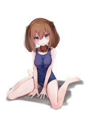 Rule 34 | 1girl, absurdres, alice gear aegis, bare arms, bare legs, bare shoulders, blue one-piece swimsuit, breasts, brown hair, collar, commentary request, frown, full body, highres, kimikage yui, large breasts, looking at viewer, medium hair, old school swimsuit, one-piece swimsuit, purple eyes, school swimsuit, sitting, solo, sunga2usagi, swimsuit, twintails, wariza, white background