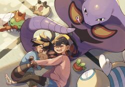 1boy 1girl aged_down applin arbok black_eyes black_hair blush brother_and_sister carmine_(pokemon) closed_eyes creatures_(company) crossed_bangs drooling dunsparce forked_tongue game_freak gen_1_pokemon gen_2_pokemon gen_8_pokemon hairband highres holding holding_pokemon kieran_(pokemon) leggings long_hair long_sleeves lying matsuda_(0yx38755230263c) mole mole_under_eye morpeko morpeko_(full) mouth_drool multicolored_hair nintendo on_floor on_side open_mouth pokemon pokemon_(creature) pokemon_sv purple_hair red_hair sentret shorts siblings sleeping tongue yanma yellow_hairband