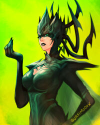 1girl armor black_armor black_bodysuit black_lips bodysuit cape commentary english_commentary fake_horns green_background green_cape green_eyes hela_(marvel) highres horned_headwear horns looking_at_viewer marvel marvel_rivals mask pointed_crown quasimodox shoulder_armor solo spikes superhero_costume