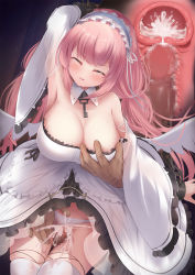 Rule 34 | 1boy, 1girl, armpits, azur lane, grabbing another&#039;s breast, breasts, censored, chain, chained, chained wrists, cleavage, clothed female nude male, clothed sex, cross-section, cum, cum in pussy, detached collar, detached sleeves, dress, frilled dress, frills, grabbing, grabbing from behind, hetero, highres, large breasts, long hair, mosaic censoring, niboshin (usagi drive), nude, panties, penis, perseus (azur lane), pink eyes, pink hair, pussy juice, see-through, sex, thighhighs, twintails, underwear, vaginal, very long hair, wet, white dress, white panties, white thighhighs, wide sleeves, wing collar