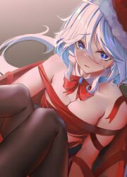 Rule 34 | 1girl, absurdres, ahoge, black thighhighs, blue eyes, blue hair, box, breast press, breasts, commentary, drop-shaped pupils, english commentary, fur-trimmed headwear, fur trim, furina (genshin impact), genshin impact, hair between eyes, hat, heterochromia, highres, in box, in container, knees up, light blue hair, long hair, looking at viewer, medium breasts, mismatched pupils, multicolored hair, naked ribbon, open mouth, red hat, ribbon, santa hat, sitting, solo, sprygon, symbol-shaped pupils, thighhighs, white hair