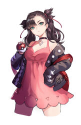 Rule 34 | 1girl, asymmetrical bangs, backpack, bag, black choker, black hair, black jacket, black nails, breasts, choker, cleavage, closed mouth, creatures (company), cropped legs, dress, earrings, game freak, green eyes, hair ribbon, highres, holding, holding poke ball, jacket, jewelry, marnie (pokemon), medium breasts, nintendo, pink dress, poke ball, poke ball (basic), pokemon, pokemon swsh, ribbon, signature, simple background, solo, stud earrings, twintails, undercut, white background, wxy