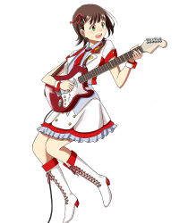 Rule 34 | 10s, 1girl, amami haruka, boots, brown hair, cable, cropped jacket, cross-laced footwear, electric guitar, fender stratocaster, green eyes, guitar, hair ribbon, idolmaster, idolmaster (classic), idolmaster shiny festa, instrument, jumping, knee boots, necktie, ribbon, short hair, solo, teru (grafroller), wrist cuffs