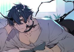 Rule 34 | 1boy, arknights, black hair, book, choker, demon tail, flamebringer (arknights), horns, looking at viewer, loose clothes, loose shirt, male focus, on bed, orange eyes, pectorals, pointy ears, scar, scar on chest, shirt, tail, toriyoshi, window