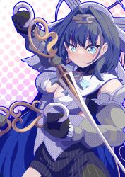 Rule 34 | 1girl, black gloves, black hair, blue eyes, bow, bow earrings, breasts, chain headband, clock, clothing cutout, colored inner hair, contrapposto, danball shiro, detached sleeves, dual wielding, earrings, gloves, hair intakes, happy birthday, highres, holding, holding sword, holding weapon, hololive, hololive english, jewelry, large breasts, looking at viewer, multicolored hair, ouro kronii, ouro kronii (1st costume), polka dot, polka dot background, ribbon earrings, smile, solo, sword, underboob cutout, upper body, virtual youtuber, weapon, wide sleeves