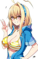 Rule 34 | 1girl, ahoge, bikini, blonde hair, blue jacket, blush, brave girl ravens, breasts, choker, cleavage, collarbone, earrings, front-tie bikini top, front-tie top, glasses, glint, grin, hair between eyes, hairband, hand in pocket, hand up, hood, hood down, hooded jacket, horosuke, jacket, jewelry, large breasts, long hair, looking at viewer, necklace, open clothes, open jacket, partially unzipped, red eyes, short sleeves, sidelocks, signature, simple background, smile, solo, star (symbol), star print, striped bikini, striped clothes, swimsuit, teeth, upper body, w, white background, wing collar, yellow-framed eyewear, yellow bikini