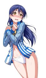 Rule 34 | 10s, 1girl, blue hair, blush, brown eyes, collared shirt, employee uniform, flying teardrops, highres, long hair, looking at viewer, love live!, love live! school idol project, navel, no pants, nose blush, open clothes, open mouth, open shirt, panties, shirt, simple background, solo, sonoda umi, striped clothes, striped shirt, tears, underwear, uniform, vertical-striped clothes, vertical-striped shirt, white background, white panties, yellow eyes, yopparai oni