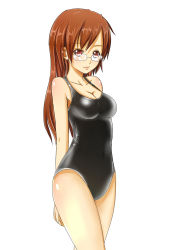 Rule 34 | 1girl, arms behind back, baretto (karasi07), black one-piece swimsuit, breasts, brown eyes, brown hair, cleavage, collarbone, competition swimsuit, glasses, highres, long hair, looking at viewer, medium breasts, one-piece swimsuit, original, simple background, solo, swimsuit, white background