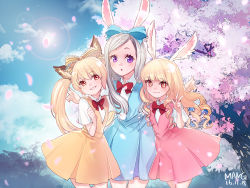 Rule 34 | 3girls, animal ears, bad id, bad pixiv id, blonde hair, bow, brown eyes, cherry blossoms, cloud, curly hair, day, dog ears, dress, elin, grin, long hair, mang gi, multiple girls, no tail, outdoors, purple eyes, rabbit ears, ribbon, silver hair, sky, smile, sun, tera online, tree, twintails, v