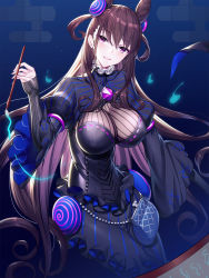 Rule 34 | 1girl, black dress, blue background, blush, breasts, brown hair, commentary request, cone hair bun, dress, fate/grand order, fate (series), hair between eyes, hair bun, hair ornament, head tilt, highres, holding, holding paintbrush, juliet sleeves, large breasts, long hair, long sleeves, looking at viewer, murasaki shikibu (fate), paintbrush, parted lips, puffy sleeves, purple eyes, ririko (zhuoyandesailaer), sidelocks, sleeves past wrists, solo, striped clothes, striped dress, two side up, vertical-striped clothes, vertical-striped dress, very long hair, wide sleeves