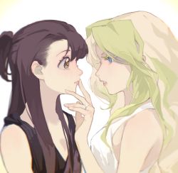 Rule 34 | 2girls, absurdres, black dress, blonde hair, blue eyes, breasts, brown eyes, brown hair, chinese commentary, commentary request, diana cavendish, dress, eye contact, finger to another&#039;s mouth, flat chest, from side, hair behind ear, highres, jewelry, kagari atsuko, kosyoko, little witch academia, long hair, looking at another, medium breasts, multiple girls, parted lips, ring, white background, white dress, yuri