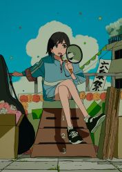 Rule 34 | 1girl, :o, absurdres, armband, black footwear, box, brown eyes, confetti, crossed legs, day, flat color, full body, guitar case, highres, instrument case, jacket, jersey, komugiko 2000, megaphone, original, outdoors, scenery, shadow, shoes, sidewalk, sitting, sketch, sneakers, solo, string of flags, track jacket, vaulting horse